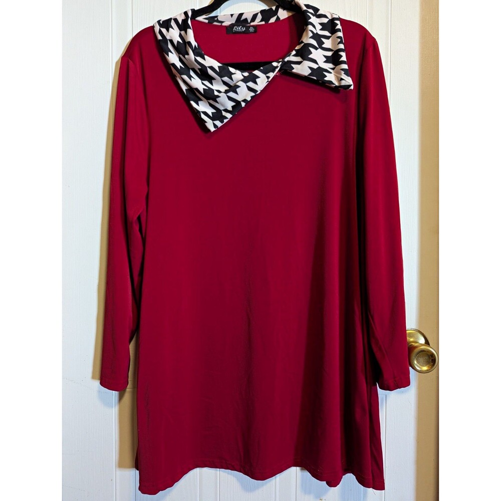 Lily by Firmiana Women's XL Red Long Sleeve Tunic Top Houndstooth Collar
